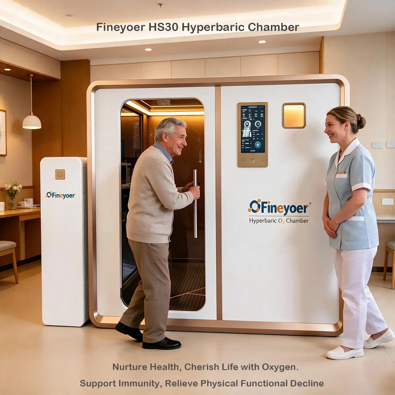 Woman relaxing in a Fineyoer hyperbaric oxygen chamber